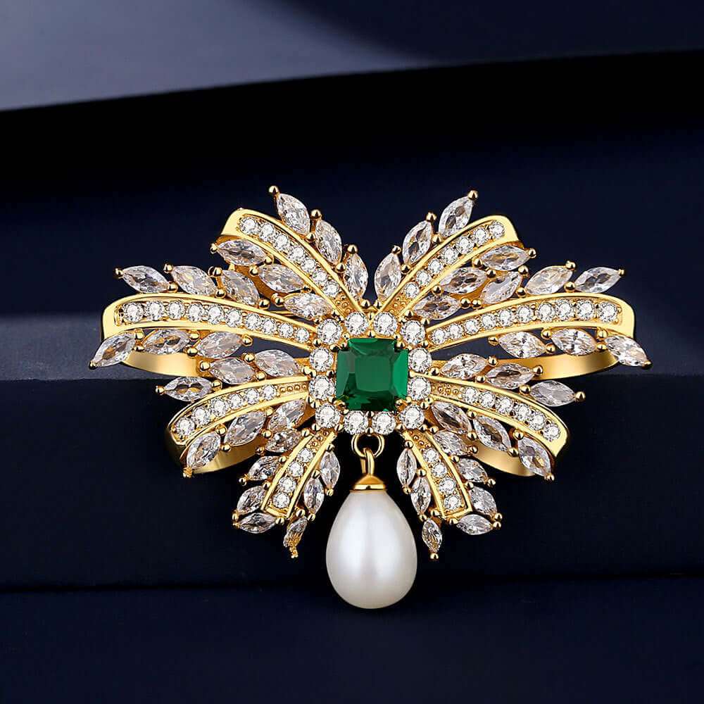 925 Silver Emerald Freshwater Pearl Bow Brooch